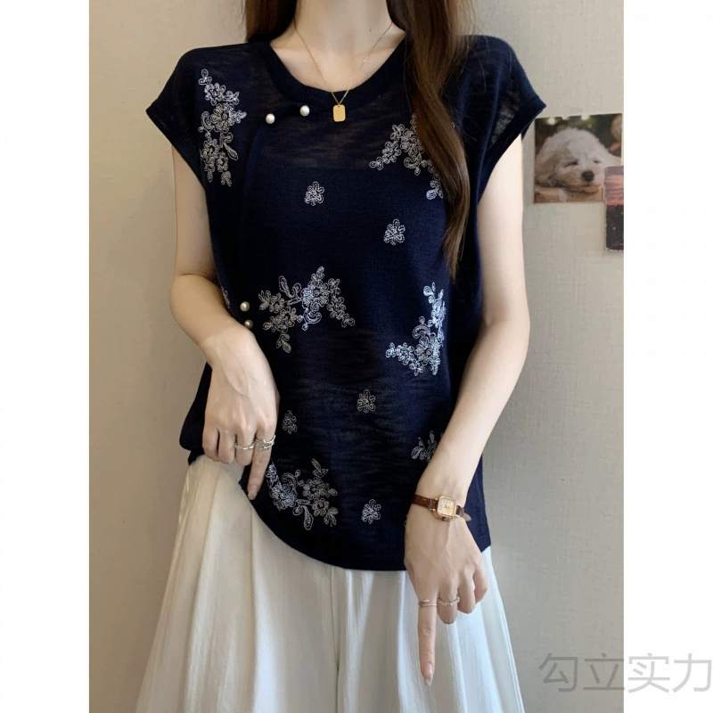 新中式复古刺绣碎花冰丝短袖T恤女大码胖mm气质圆领薄款透气上衣
