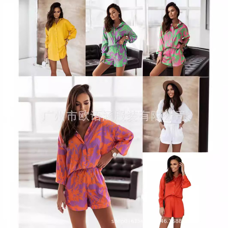 2022 wish cross-border foreign trade ladies multi-color vacation style leisure shirt shorts suit in stock