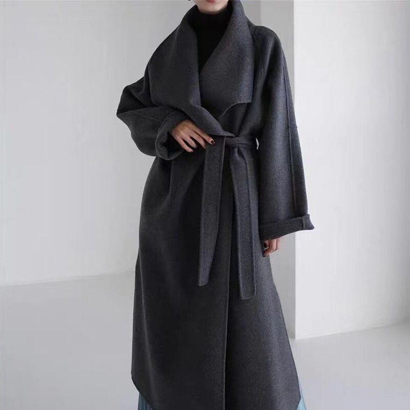 [Small Version] New Autumn and Winter Style Tall Coat with Large Lapel, Long Double-Sided Wool Coat with Belt
