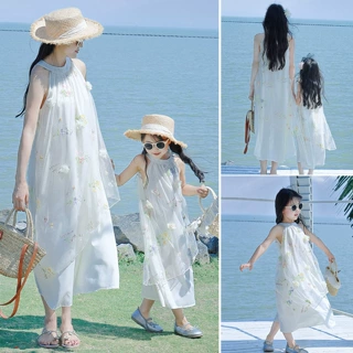 2025新款夏季高端亲子装母女雪纺碎花收腰显瘦拼接海边连衣裙子