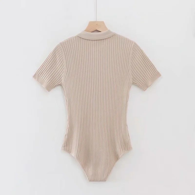 Tight Polo Collar Elastic Knitted Pit Strip Short-Sleeved Jumpsuit NSZQW115375