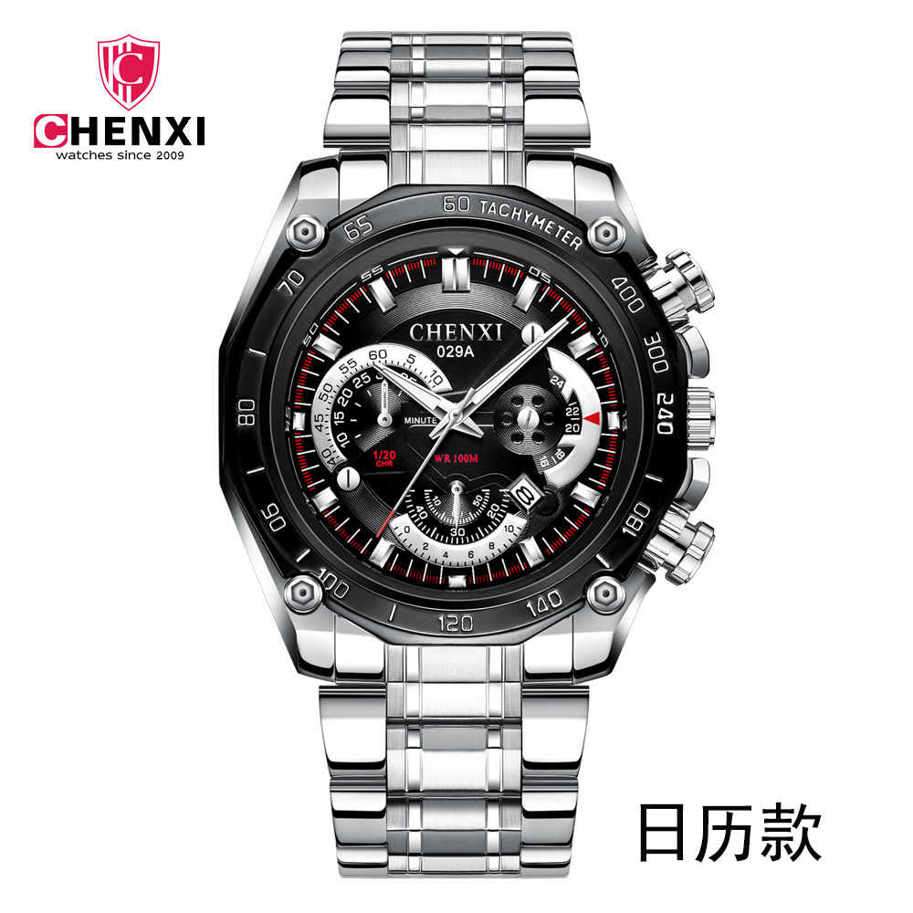 Reloj creativo del calendario del polígono de los ojos falsos del reloj del cuarzo de la correa de acero del negocio de los hombres chenxi 029A de chenxi