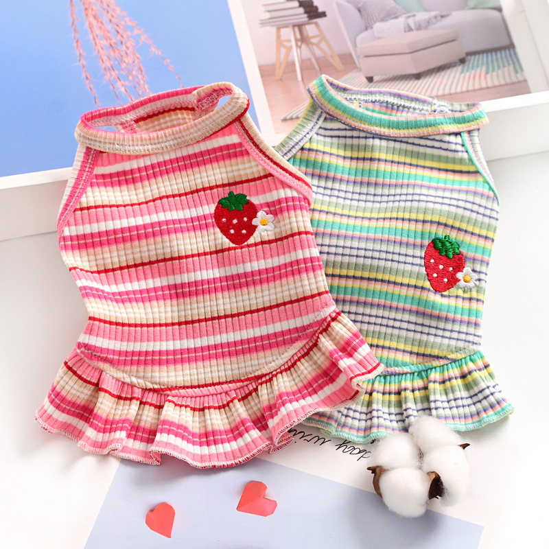 Pet Clothes Spring and Summer New Arrival Striped Strawberry Skirt Teddy Bitter Panda Kitty Small Dog Summer Princess dress