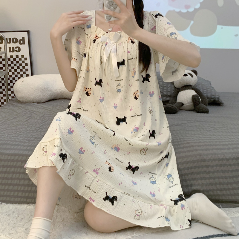 Princesa viento pijama de verano mujer tela de algodón gancho vestido de pijama de mangas cortas suelto tamaño más grande 200 kg se puede usar ropa para el hogar