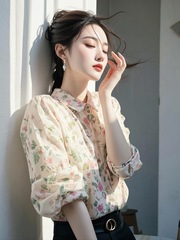 フランス式の超美しい独特の美しい白い花のPOLO襟のシャツの女性2025年の春夏の新型の美しいシャツ