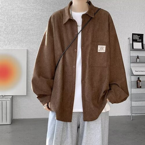 Men's Spring and Autumn Corduroy Jacket, Loose Student Fashion, Retro Japanese Style, Versatile Trendy Hong Kong Style Long Sleeve Shirt