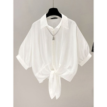 黑色短袖衬衫女夏季收腰白色雪纺衫衬衣高级感小众蝙蝠袖短款上衣