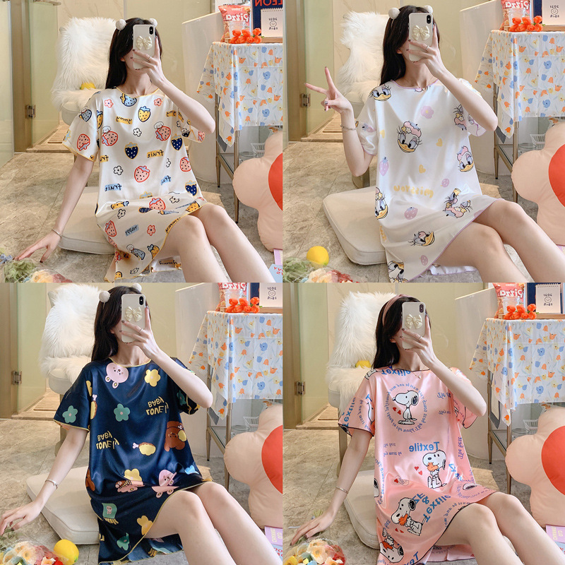爆款冰丝睡衣女短袖V领韩版仿真丝卡通家居服女士外贸睡裙