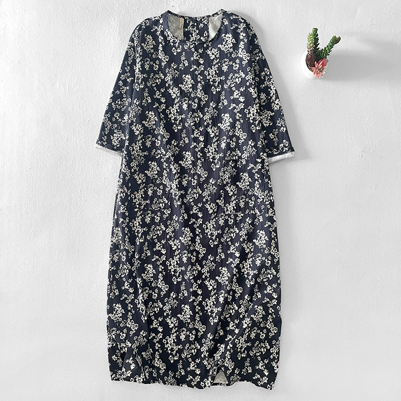 Новое летнее экологически чистое повседневное свободное платье из хлопка с цветочным принтом и солью, с половиной рукавов, свободное платье.