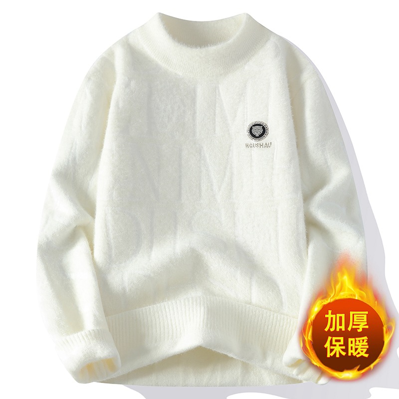 青少年水貂绒毛衣男秋冬季加绒加厚打底衫初中高中学生大童男绒衫