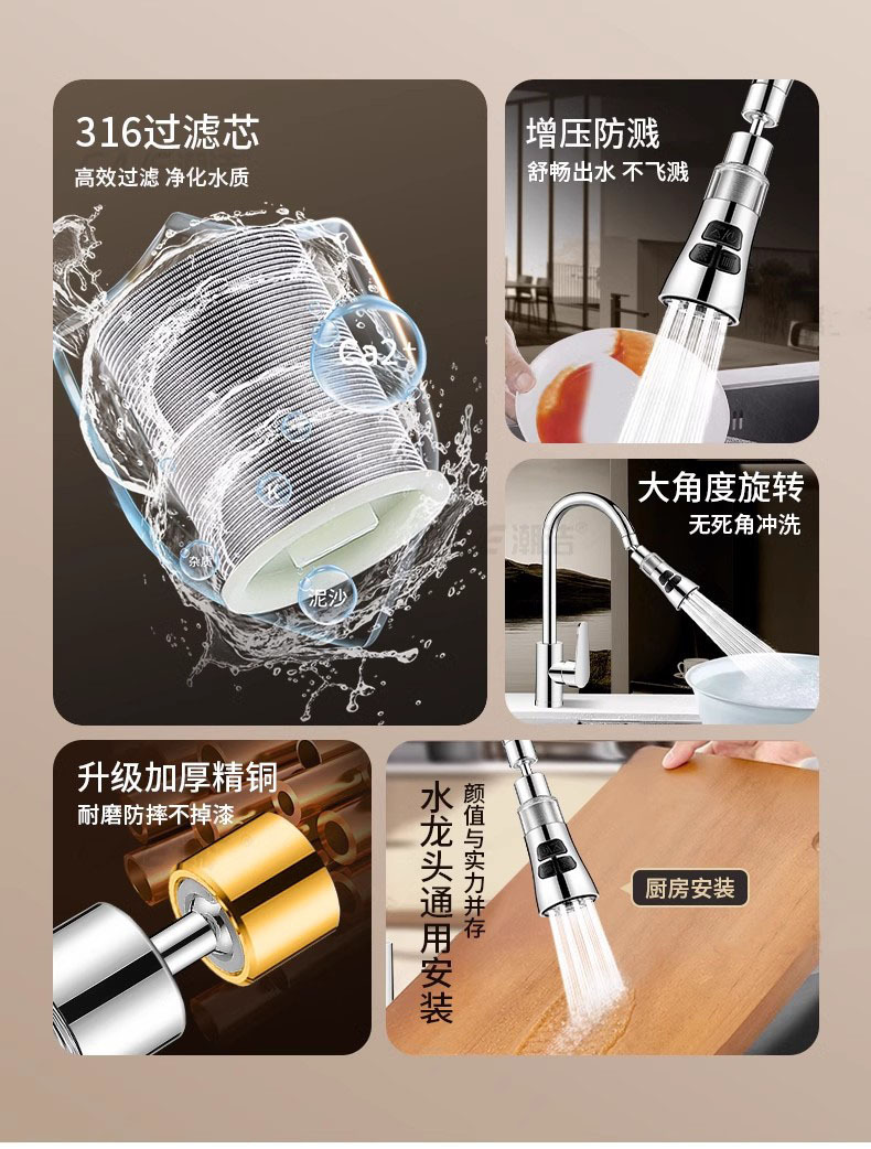 Kitchen faucet extender, universal rotatable, household filtration and water purification three-position scratch-off splash-proof head faucet connector Specification drawing