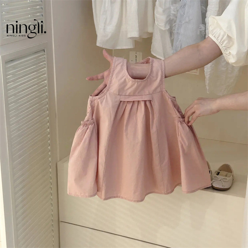 Girls' Doll Collar Dress Pink Bow Skirt