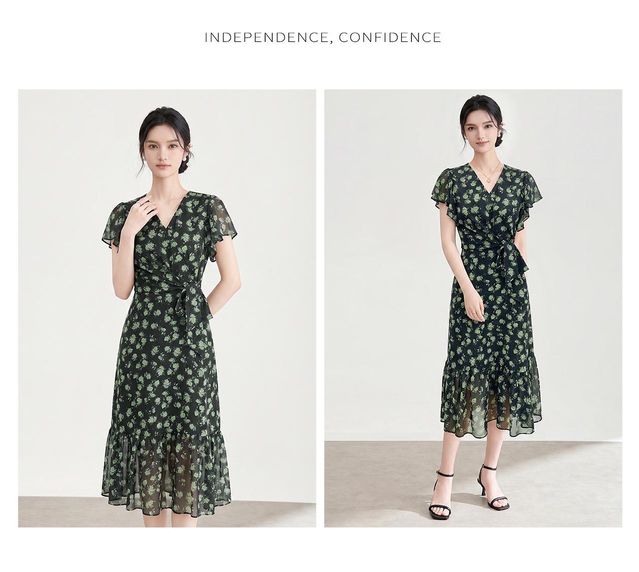 Đầm maxi nữ cổ V họa tiết hoa nhí, tay viền lá sen, thắt eo — xanh lá cây chi tiết 13