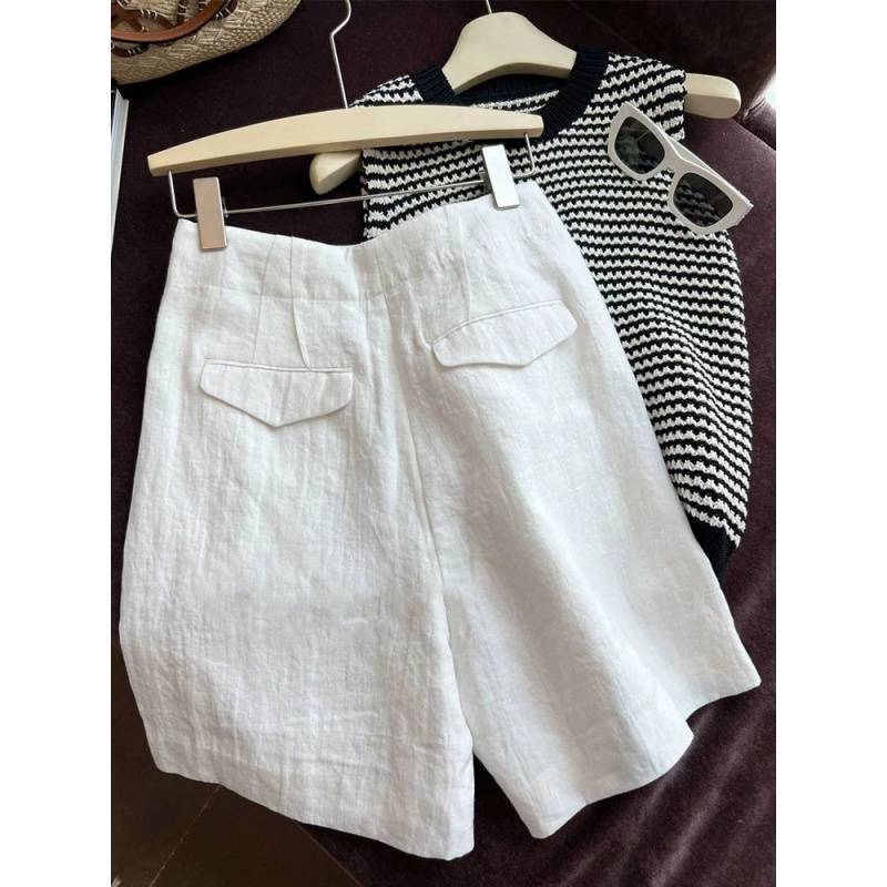 Japanese-Style White Linen Suit Shorts for Women, Summer High-Waisted Thin Niche Design Wide-Leg Cotton-Linen Casual Knee-Length Shorts