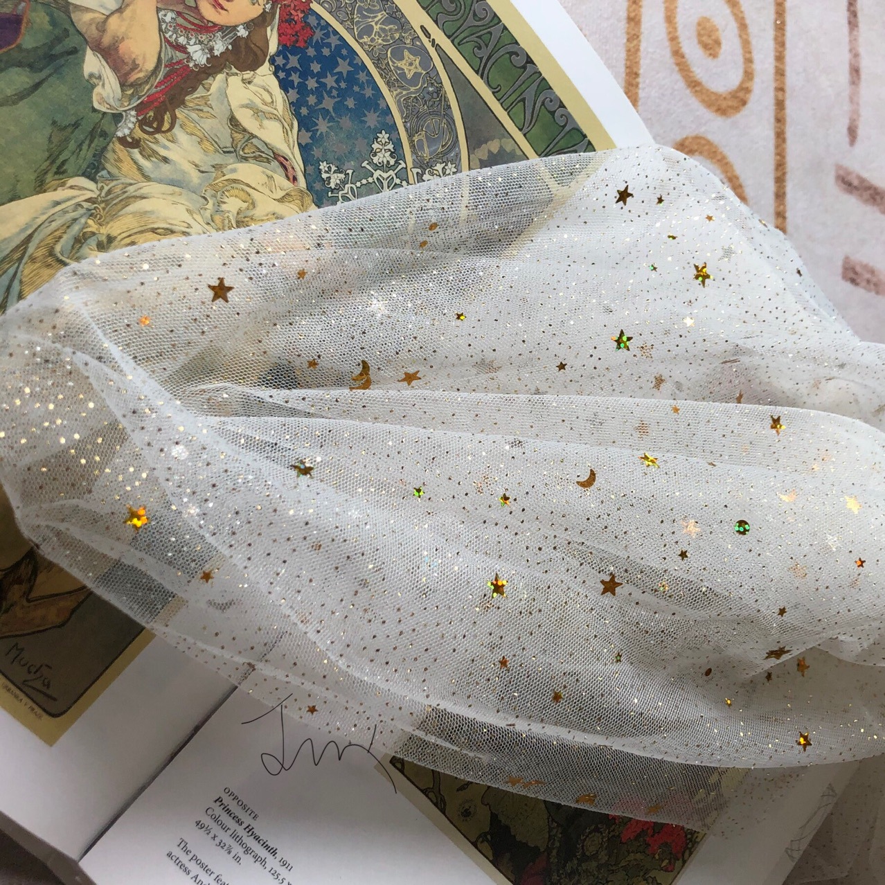 网纱星星月亮网纱 烫金点拍照道具头纱亮片布网红美甲饰品背景布