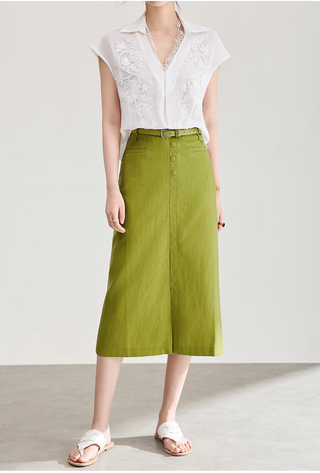 Chân váy xếp ly nữ xòe chất liệu tencel linen thoáng mát — Màu gai dầu thô chi tiết 2