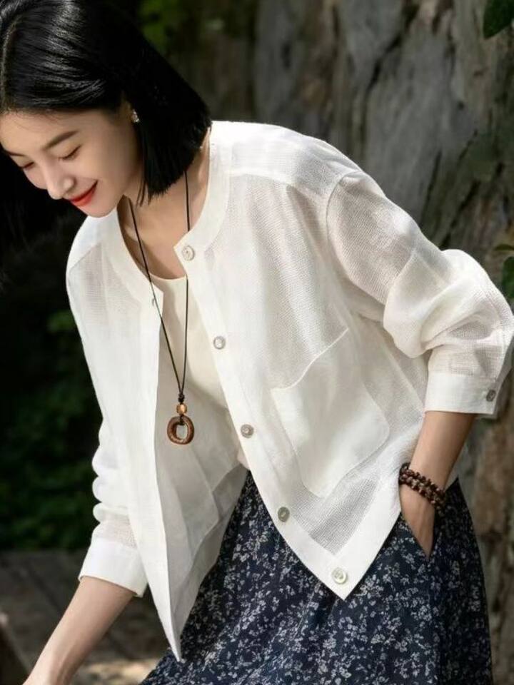 Áo khoác nữ ngắn cổ tròn dáng rộng nhẹ thoáng phong cách công sở — Áo khoác màu lanh nguyên bản (chất lượng cao), Áo khoác trắng (chất lượng cao) chi tiết 8