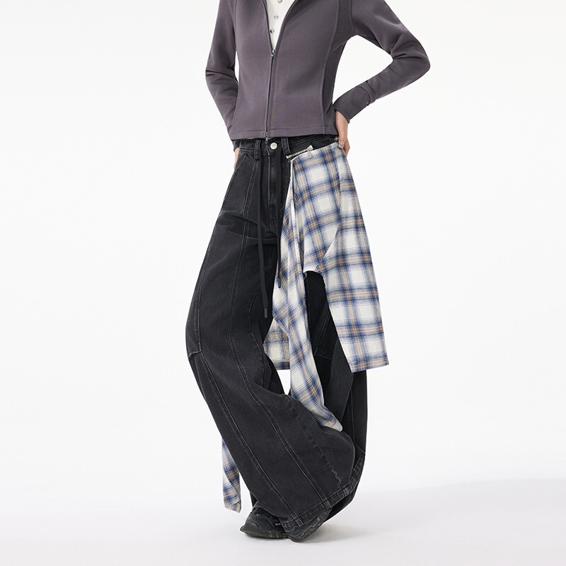 Forever 21 High Street Plaid Faux Two-Piece Denim Skirt Pants for Women, Niche Black High-Waisted Loose Wide-Leg Pants