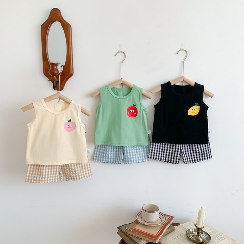 Children's Summer Outfit Set  New Trendy Casual Baby Sleeveless Top and Striped Pants Two-Piece Set