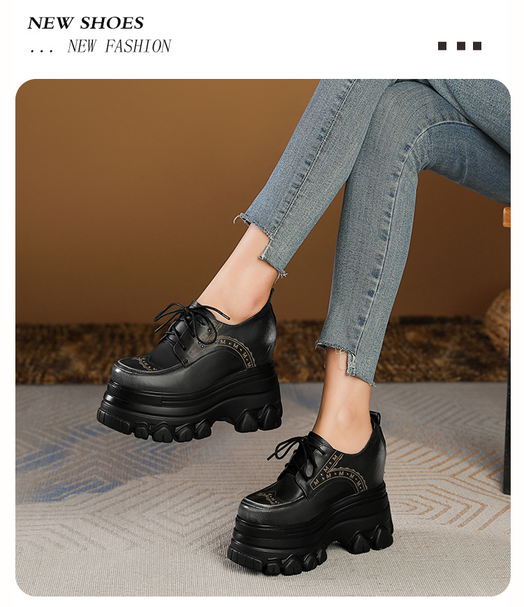 Giày sneaker nữ đế dày phong cách Anh quốc cổ điển, dây buộc, gót 12 cm — màu nâu chi tiết 3