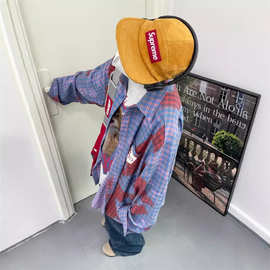 多巴胺穿搭撞色格子长袖衬衫男女宽松百搭休闲薄款扎染衬衣外套男