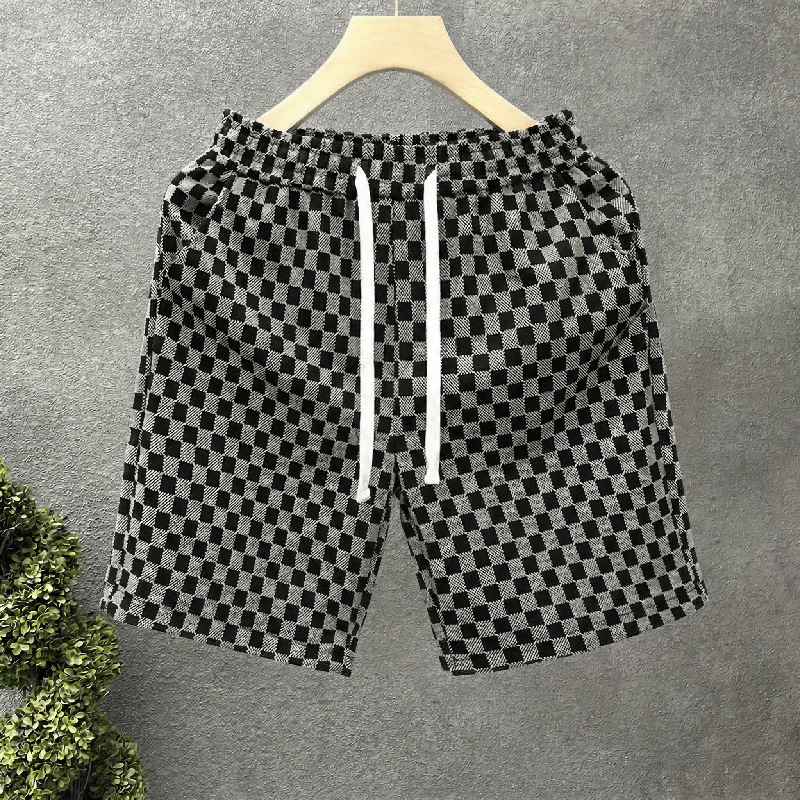 Men's Summer Casual Houndstooth Print Shorts, Loose Fit Straight Leg 5-Inch Inseam High Street Retro Style Shorts For Daily Streetwear_viptrois.com