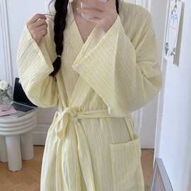 韩国ins女士春秋睡袍女韩国舒适浴袍条纹印花休闲家居服系腰带女