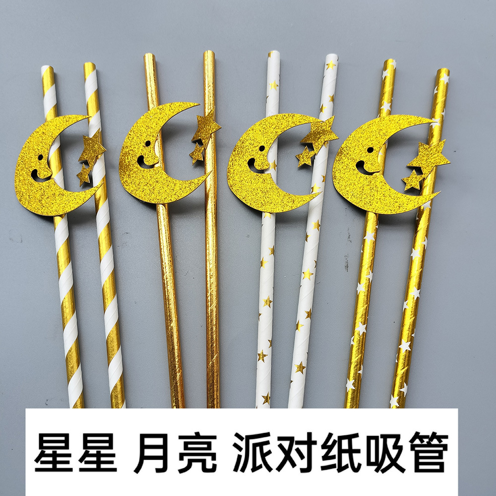 Transfronterizo desechable fiesta de papel de paja estrella Luna tarjeta postre pastel decoración bar bebida paja