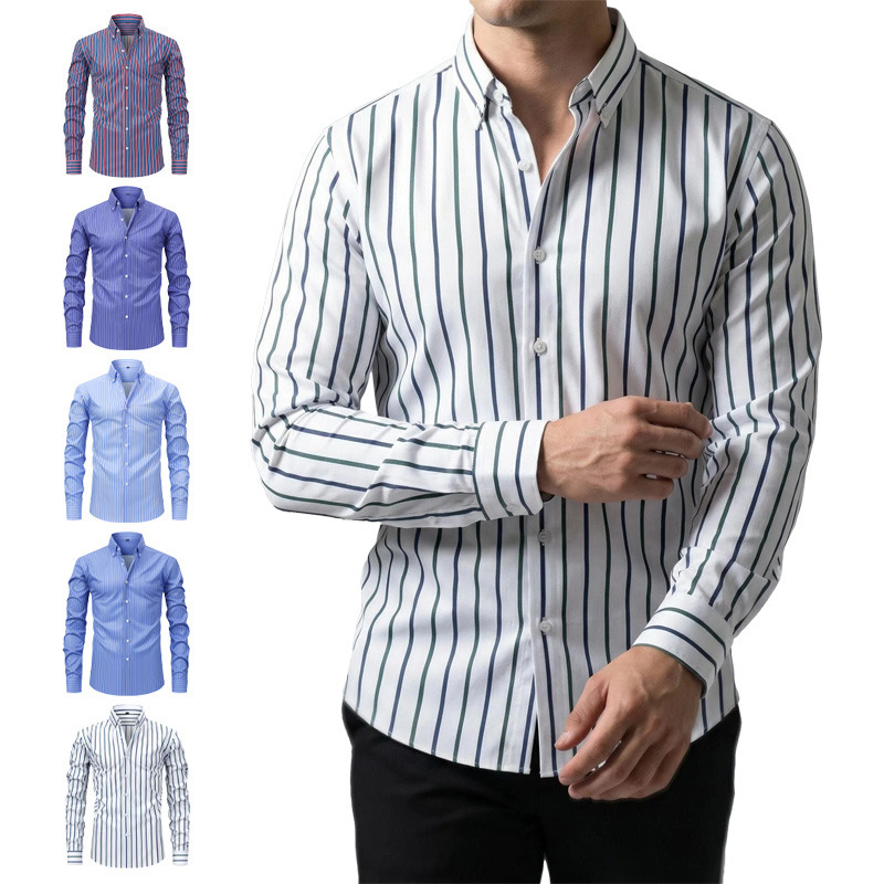 Cross-Border Men's Shirts, High-End Four-Way Stretch Printed Striped Long-Sleeved Collared Shirts, Men's Shirts Wholesale Cross-Border Men's Shirts, High-End Four-Way Stretch Printed Striped Long-Sleeved Collared Shirts, Men's Shirts Wholesale