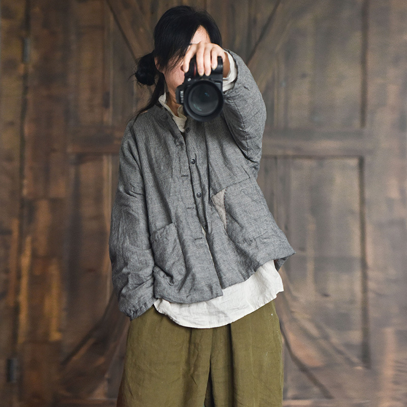 4110オリジナル自家製色織りストライプリネン中国風盤バックルコットンショートコート国風レトロレディース綿入れ