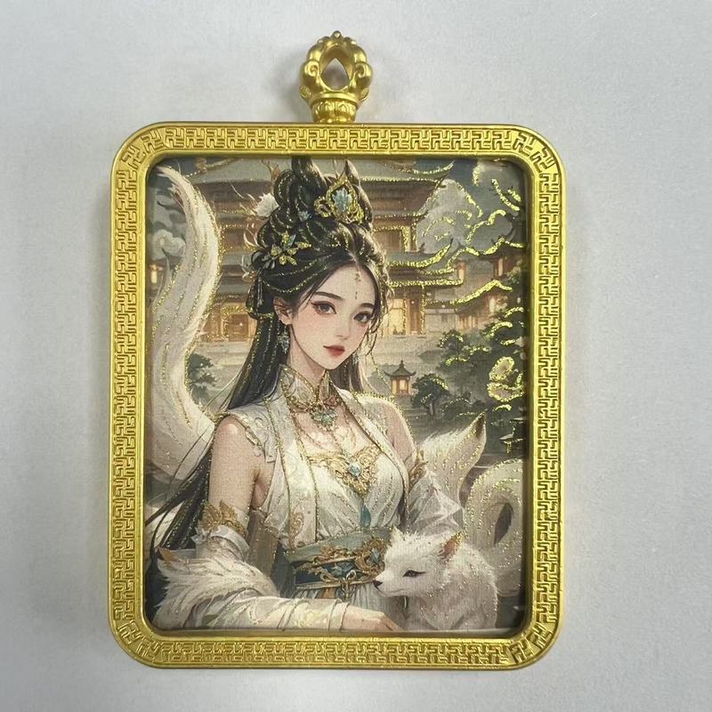 手绘描金莽龙女蛇年狐仙唐卡嘎乌盒九尾道家唐卡套周边吊坠项链|undefined