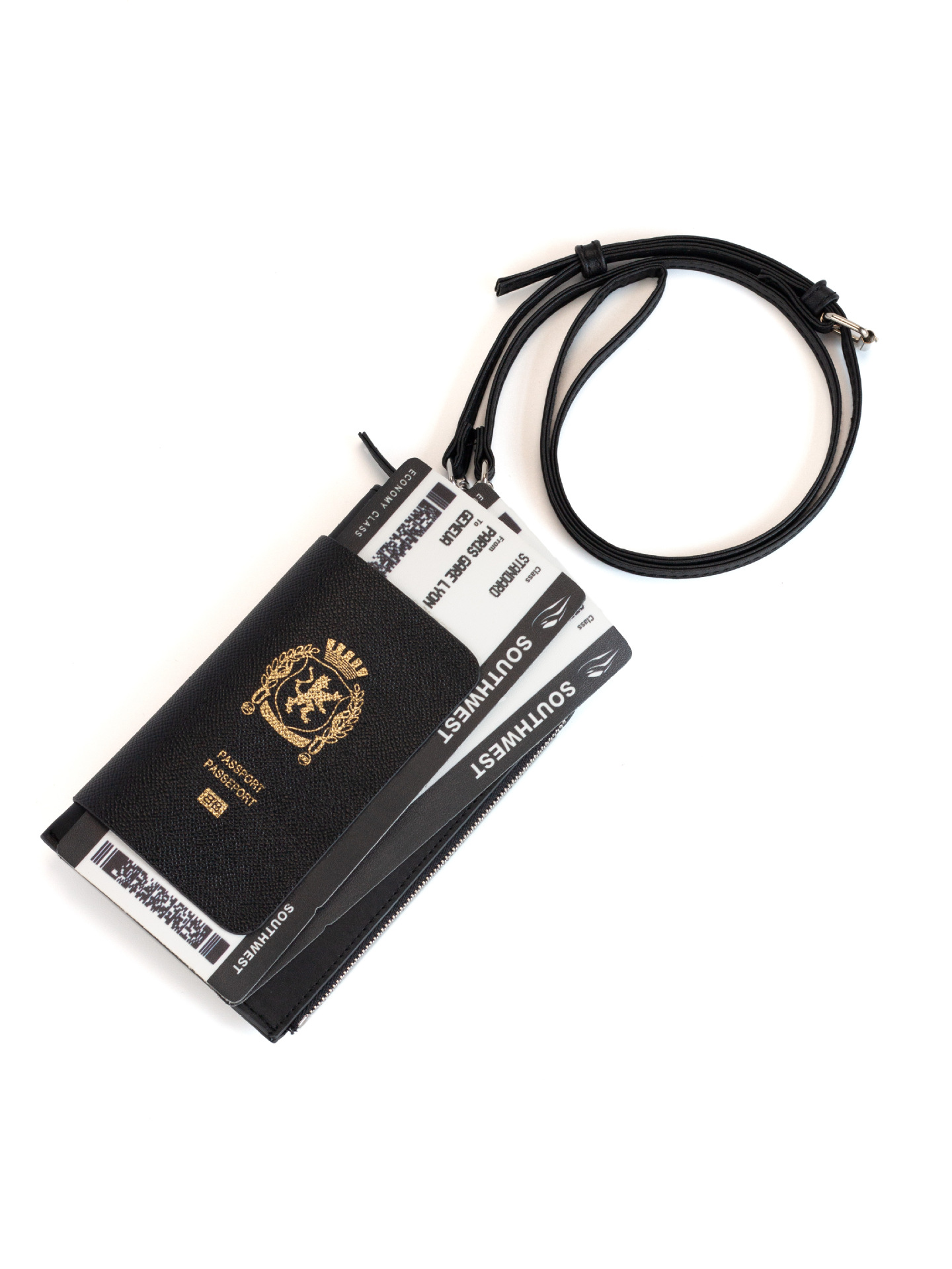 Black passport holder elegant card bag with neck strap
