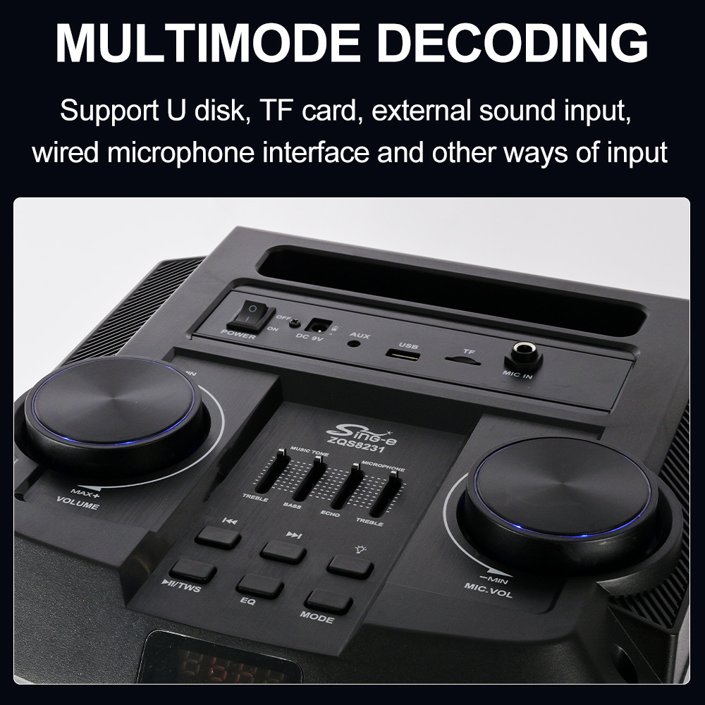 ZQS8231 Stereo Suur stereo Bluetooth Puidust kõlar Välispeol Kahe juhtmevaba mikrofoniga K Song_voghion.com