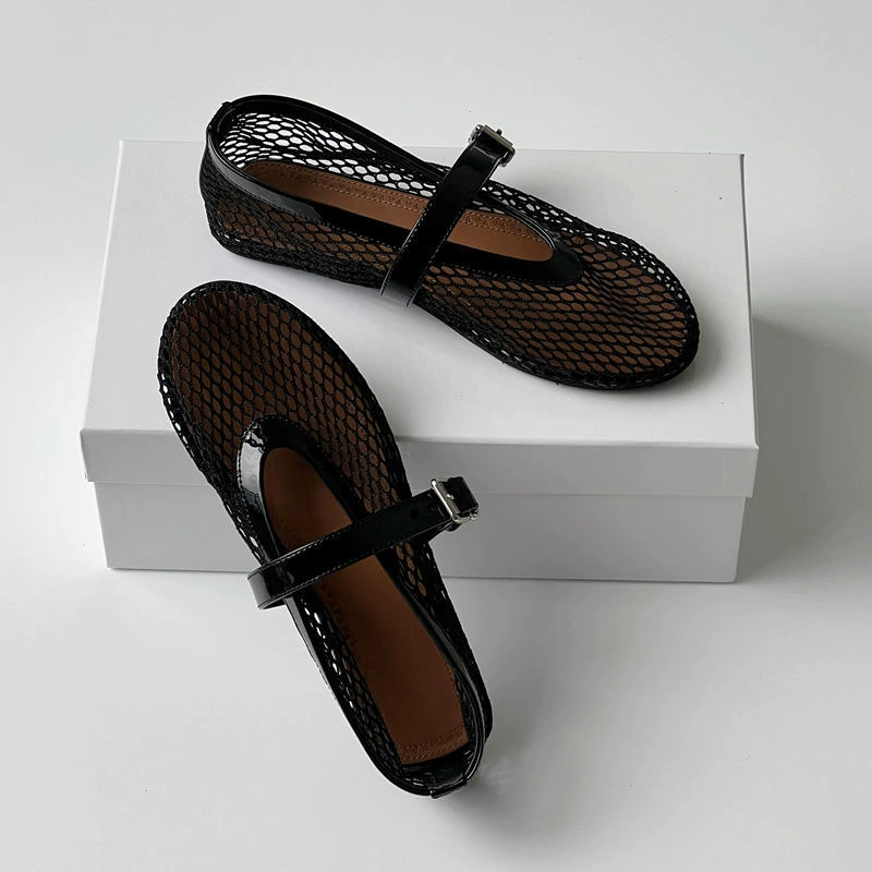 2025 новых моделей оптом неэтикетированных балеток из сетки для женщин, туфли Мэри Джейн с ремешком на щиколотке, плоская сетчатая подошва.