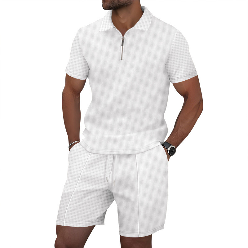 Men's Clothing Men's Casual Short Sleeve T-Shirt And Shorts Set Solid Color Lapel Zipper Waffle Design Summer Fashion_viptrois.com