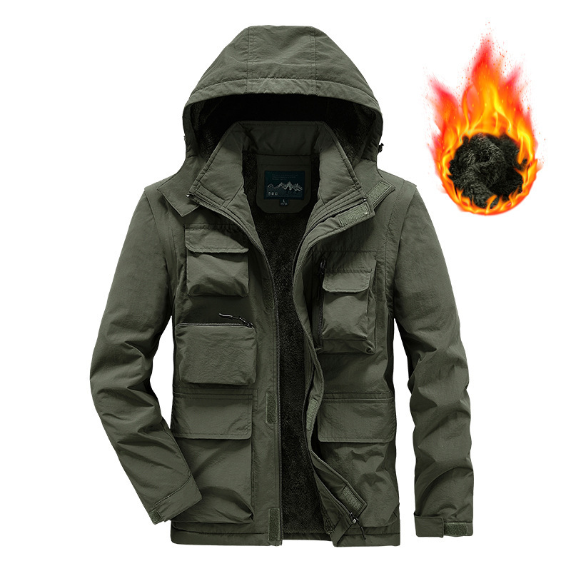 【2288 Fleece-Lined】Men's Winter Thick Cotton Jacket with Multiple Pockets, Outdoor Casual, Detachable Sleeves, Cotton Hooded 【2288 Fleece-Lined】Men's Winter Thick Cotton Jacket with Multiple Pockets, Outdoor Casual, Detachable Sleeves, Cotton Hooded