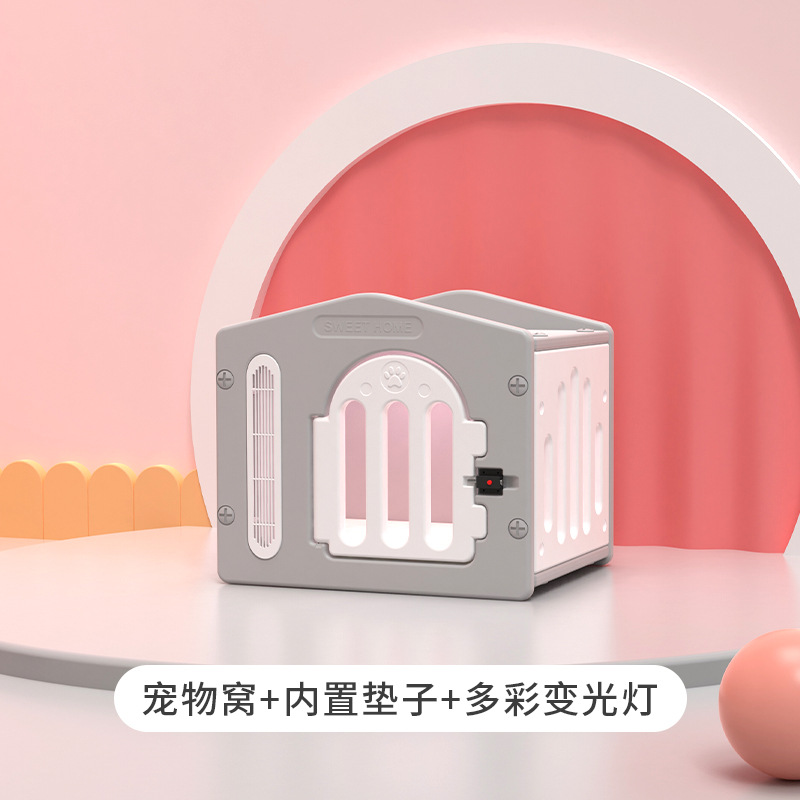 문이 있는 고양이 빌라 + 매트 + 주변 조명: 회색 및 흰색