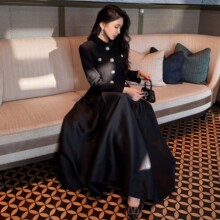 2025秋冬新款女装黑色粗花呢拼接优雅气质长袖小立领连衣裙晚礼服