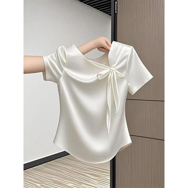 French-Style Bow Short-Sleeve T-Shirt 2025 Summer Stylish Versatile Pink Design Top