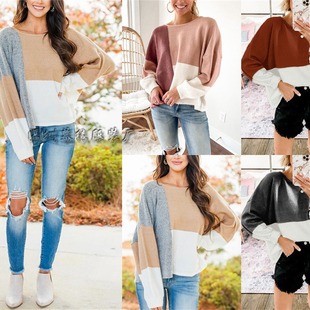Cross-border Amazon Autumn and Winter Cross-border Women's European and American Round Neck Pullover Back Lace Foreign Trade Knitted Stitching Sweater Women