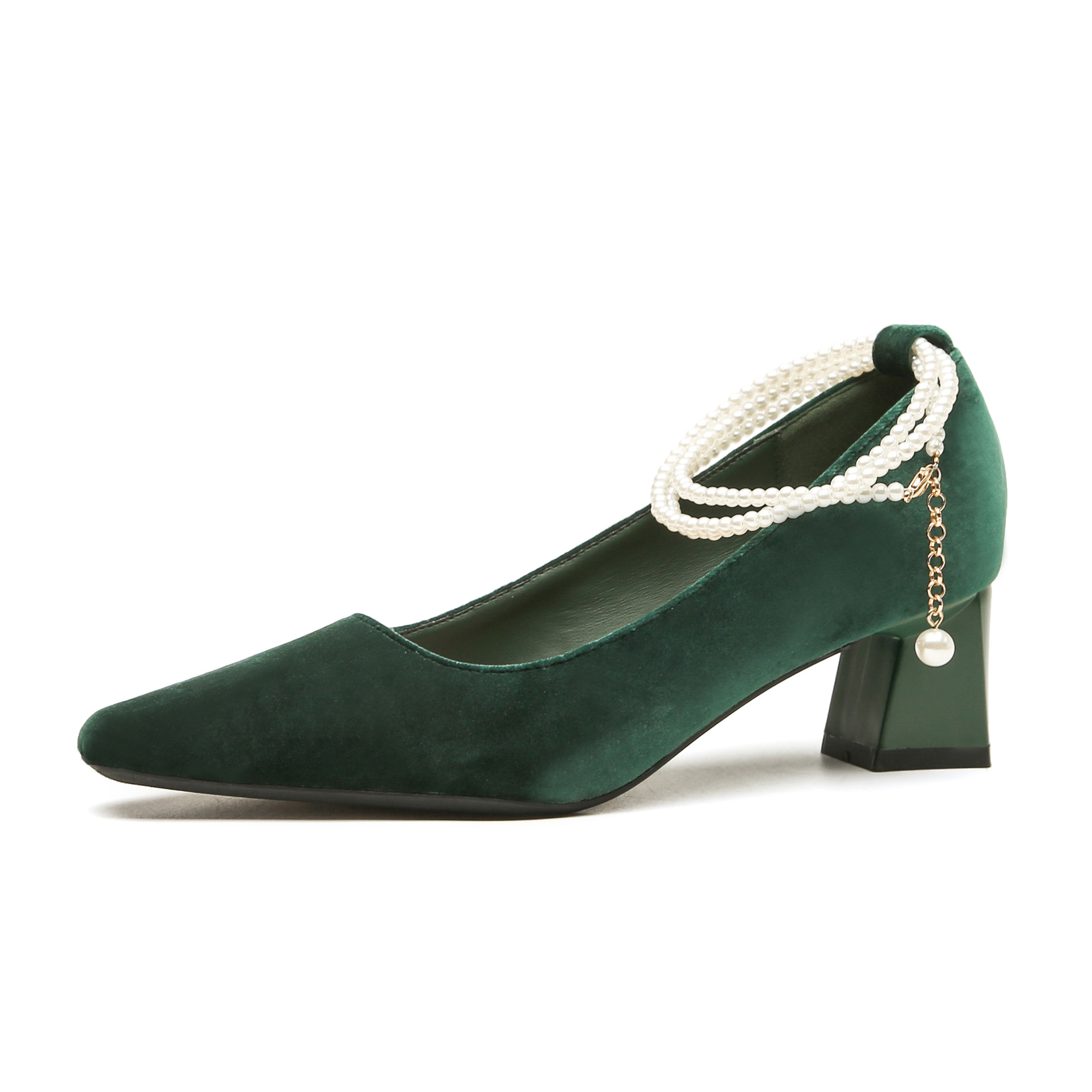 Eleganta mörkgröna pumps med pärlor för dam höst och vinter_voghion.com