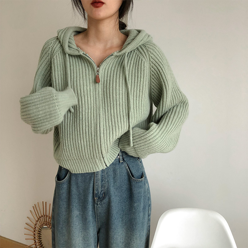 Candy Color Hooded Lace-up Short Loose Thickened Zipper Knitted Cardigan Spring and Autumn Sweet Soft Waxy Coat Sweater for Women Candy Color Hooded Lace-up Short Loose Thickened Zipper Knitted Cardigan Spring and Autumn Sweet Soft Waxy Coat Sweater for Women