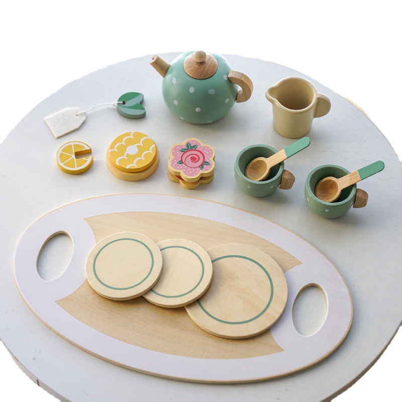 Juego de niños casa juego de té combinación tarde té postre simulación tetera vajilla traje de madera cocina corte Juguetes