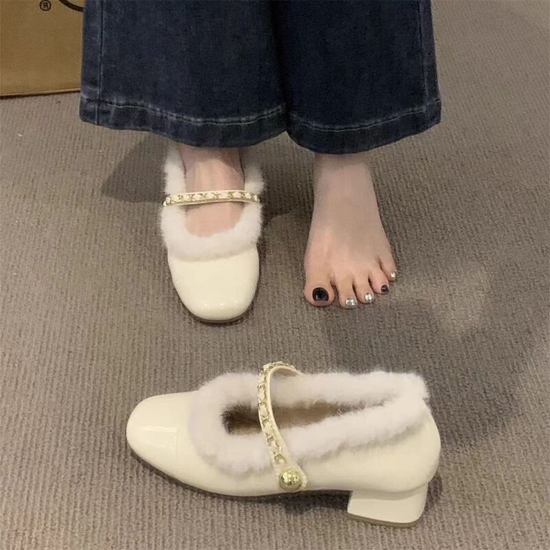 Furry Shoes for Women in Autumn and Winter New Outer Wear Thick Heel Gentle Mink Fur Fleece-Lined High Heels French Retro Niche Shoes