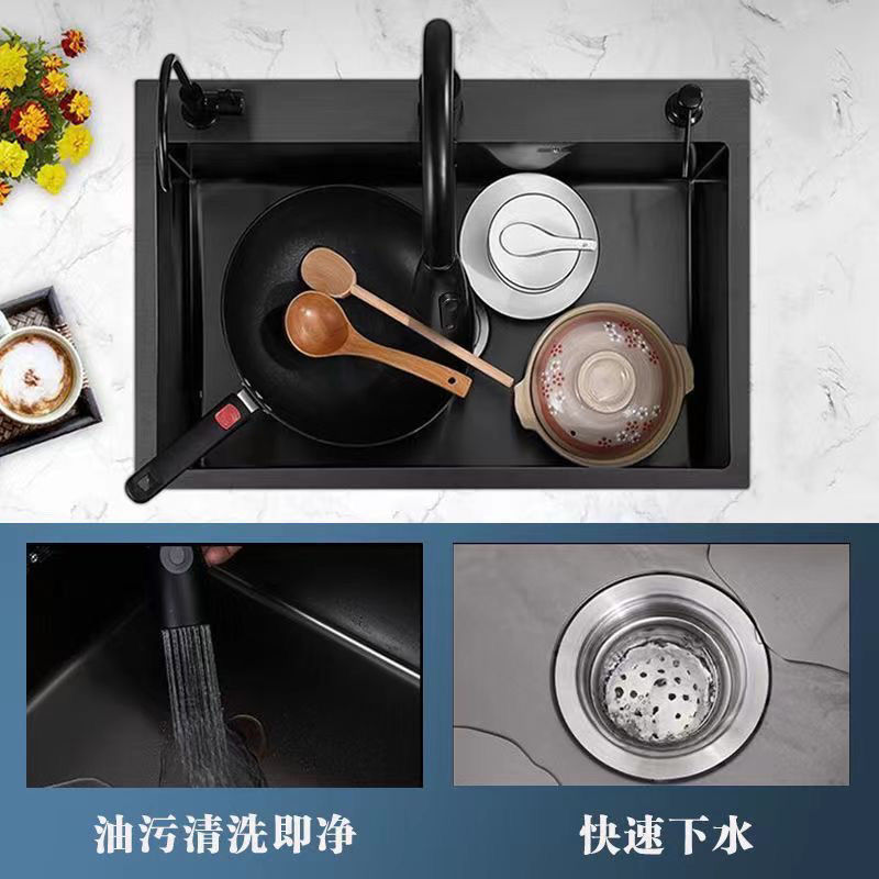 Extra grueso 304 acero inoxidable gran lavabo de un solo tanque lavavajillas de cocina doméstica lavavajillas negro nano tres agujeros tablero lavabo
