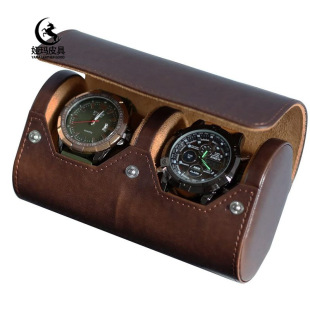 Retro first layer cowhide Oval watch storage box outdoor portable drop-resistant leather 2-seat watch box for men