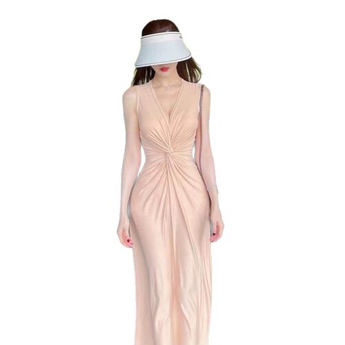 French socialite style pink sleeveless dress, women's summer temperament pleated V-neck waist slim bag, hip long skirt