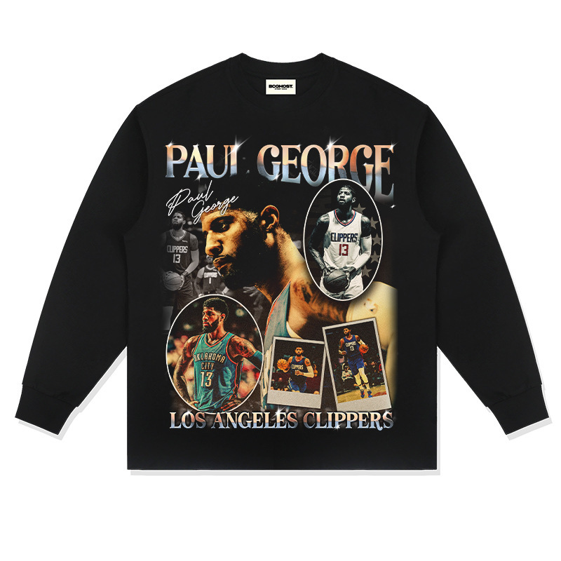 Paul George American Star camiseta hip-hop de la calle impresión retro hacer viejos lavado pesado cuello redondo mangas cortas