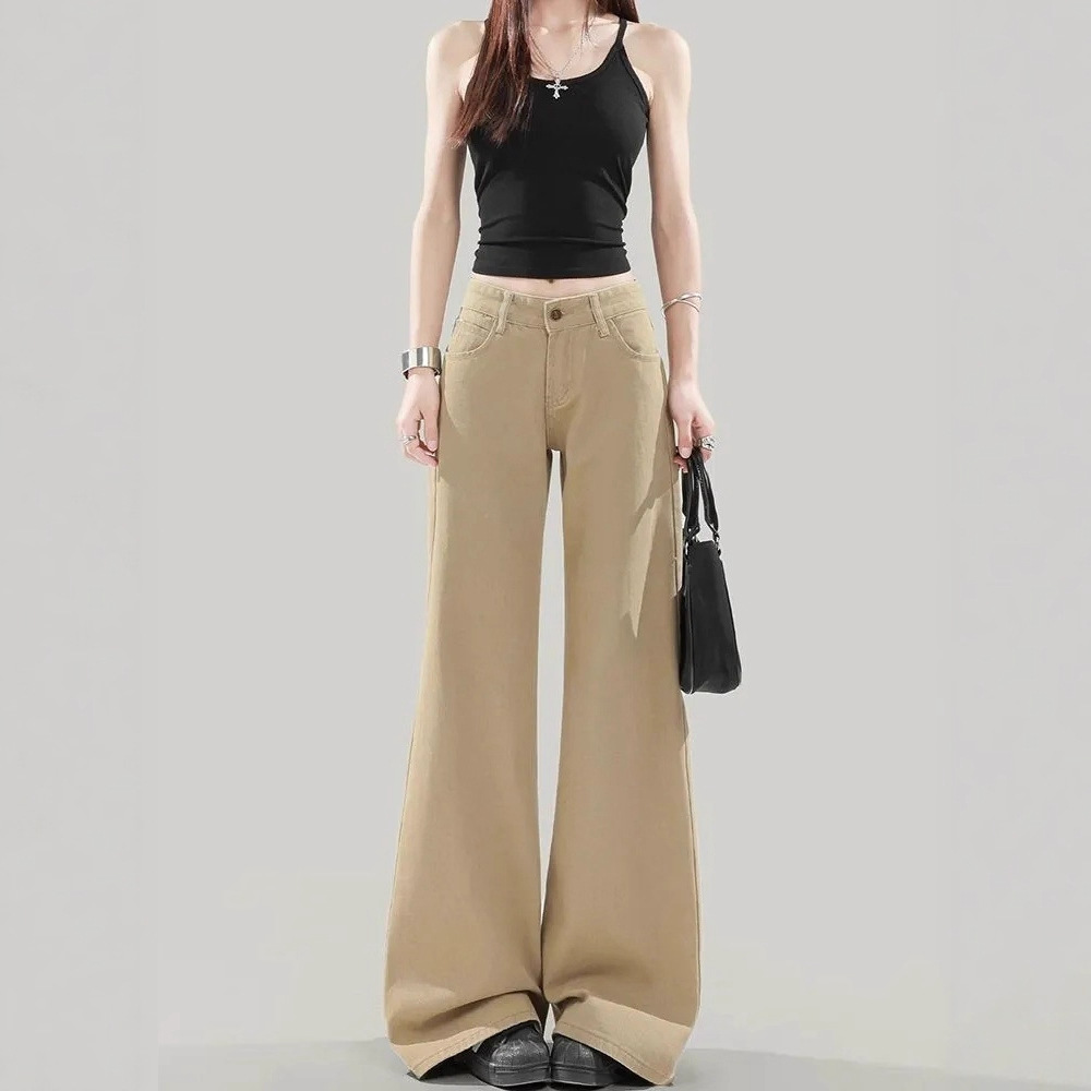 American-Style Khaki Niche Low-Waist Retro Flared Jeans for Women, Loose and Slimming Floor-Length Pants for Autumn