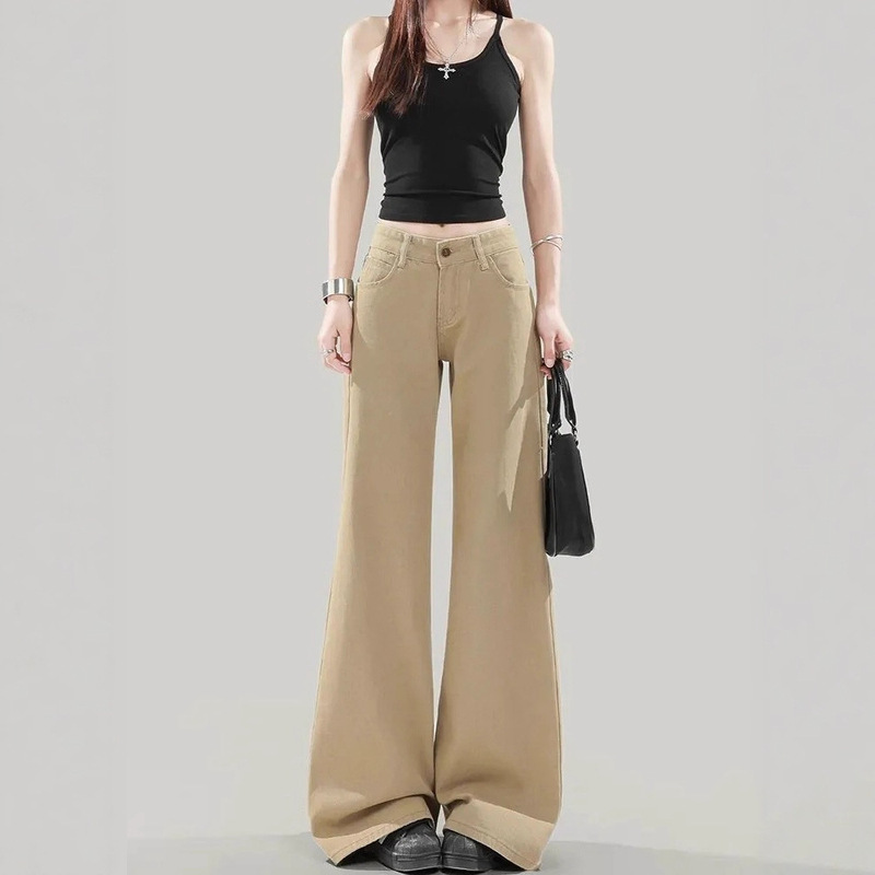 American-Style Khaki Niche Low-Waist Retro Flared Jeans for Women, Loose and Slimming Floor-Length Pants for Autumn